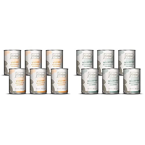 MjAMjAM - Premium Nassfutter für Katzen - saftiges Huhn an leckeren Möhrchen (6 x 400 g) & Premium Nassfutter für Katzen - vorzügliches Kalb & Truthahn an leckeren Möhrchen (6 x 400 g) von MjAMjAM