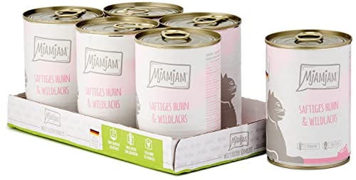 MjAMjAM - Premium Nassfutter für Katzen - saftiges Huhn und Wildlachs, 6er Pack (6 x 400 g), getreidefrei mit extra viel Fleisch von MjAMjAM