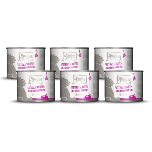 MjAMjAM - Premium Nassfutter für Katzen - saftiges Schwein an leckeren Möhrchen, 6er Pack (6 x 200 g), getreidefrei mit extra viel Fleisch von MjAMjAM