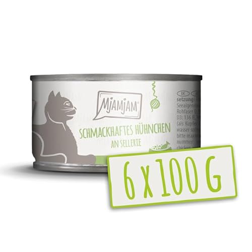 MjAMjAM – Premium Nassfutter für Katzen - schmackhaftes Hühnchen an gedünstetem Sellerie 100g, 6er Pack (6 x 100g), naturbelassen mit extra viel Fleisch von MjAMjAM