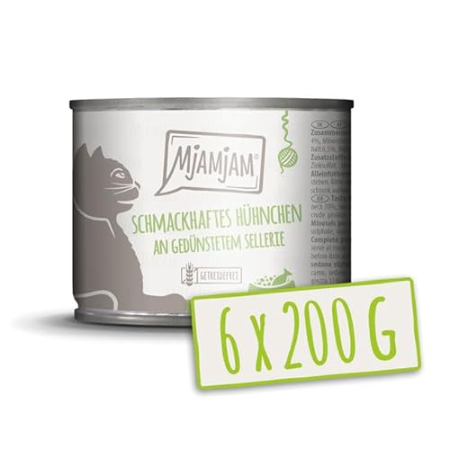 MjAMjAM – Premium Nassfutter für Katzen - schmackhaftes Hühnchen an gedünstetem Sellerie 200g, 6er Pack (6 x 200g), naturbelassen mit extra viel Fleisch von MjAMjAM