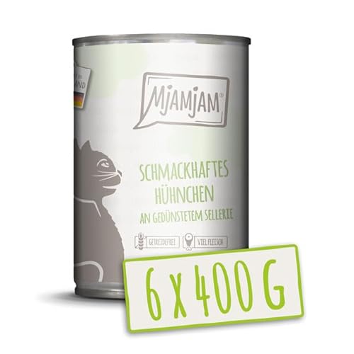 MjAMjAM – Premium Nassfutter für Katzen - schmackhaftes Hühnchen an gedünstetem Sellerie 400g, 6er Pack (6 x 400g), naturbelassen mit extra viel Fleisch von MjAMjAM