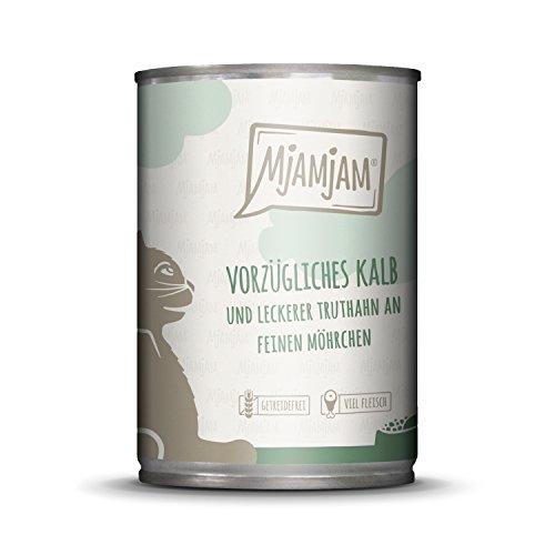 MjAMjAM - Premium Nassfutter für Katzen - vorzügliches Kalb & Truthahn an leckeren Möhrchen, 1er Pack (1 x 400 g), getreidefrei mit extra viel Fleisch von MjAMjAM