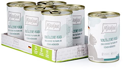 MjAMjAM - Premium Nassfutter für Katzen - vorzügliches Kalb & Truthahn an leckeren Möhrchen, 6er Pack (6 x 400 g), getreidefrei mit extra viel Fleisch von MjAMjAM
