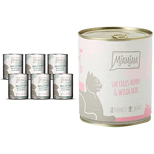 MjAMjAM - Premium Nassfutter für Katzen - vorzügliches Kalb & Truthahn an leckeren Möhrchen, 6er Pack (6 x 800 g) & Premium Nassfutter für Katzen - saftiges Huhn und wildlachs, 6er Pack (6 x 800 g) von MjAMjAM