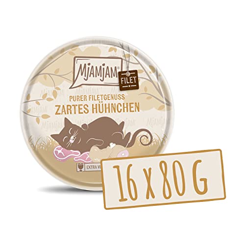 MjAMjAM - Premium Nassfutter für Katzen - zartes Filet vom Hühnchen 80g, 16er Pack (16 x 80 g), naturbelassen mit extra viel Fleisch von MjAMjAM