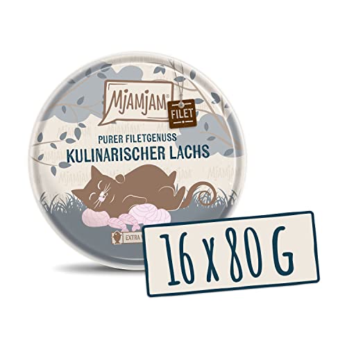 MjAMjAM - Premium Nassfutter für Katzen - zartes Filet vom Lachs 80g, 16er Pack (16 x 80 g), naturbelassen mit extra viel Fleisch von MjAMjAM