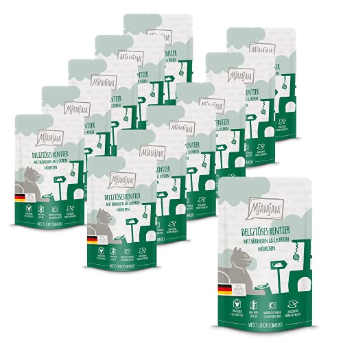 MjAMjAM - Premium Nassfutter für Katzen - Quetschie - deliziöses Rentier mit Hühnchen an leckeren Möhrchen, 12er Pack (12 x 125 g), getreidefrei mit extra viel Fleisch von MjAMjAM