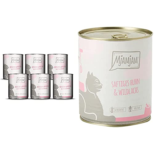 MjAMjAM köstliche Garnelen an saftigem Hühnchen 6x800 g, 1er Pack (1 x 4800 g) & Premium Nassfutter für Katzen - saftiges Huhn und wildlachs, 6er Pack (6 x 800 g) von MjAMjAM