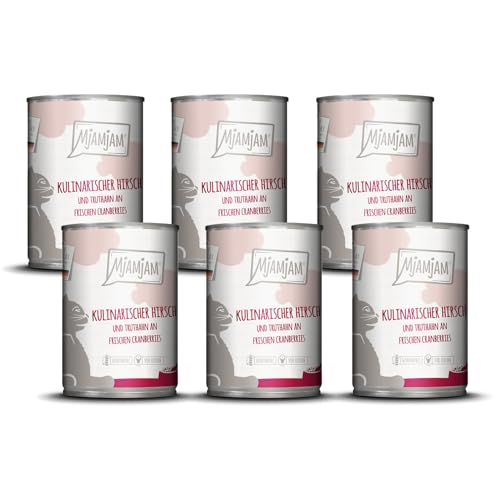 MjAMjAM - Premium Nassfutter für Katzen - kulinarischer Hirsch und Truthahn an frischen Cranberries, 6er Pack (6 x 400 g), getreidefrei mit extra viel Fleisch von MjAMjAM