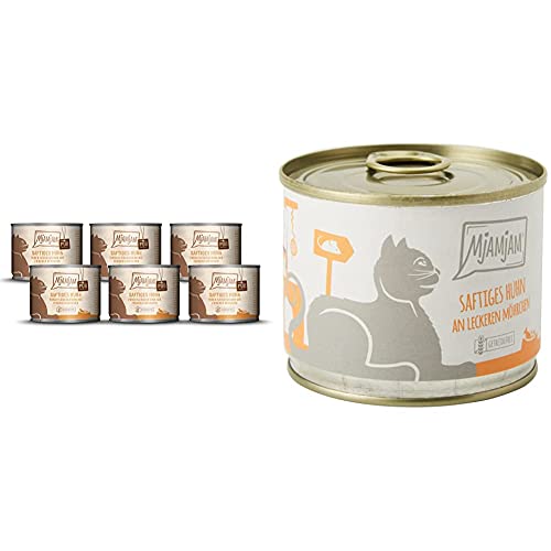 MjAMjAM purer Fleischgenuss - saftiges Hühnchen pur, 6er Pack (6 x 200g) & Premium Nassfutter für Katzen - saftiges Huhn an leckeren Möhrchen, 6er Pack (6 x 200 g) von MjAMjAM
