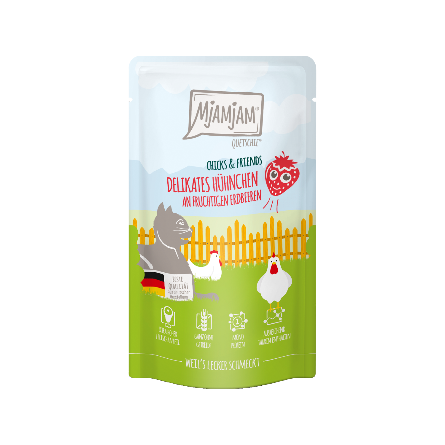 MjaMjaM Chicks & Friends - Quetschbeutel Adult Cat - Huhn mit Apfel - 3 x 125 g von MjAMjAM