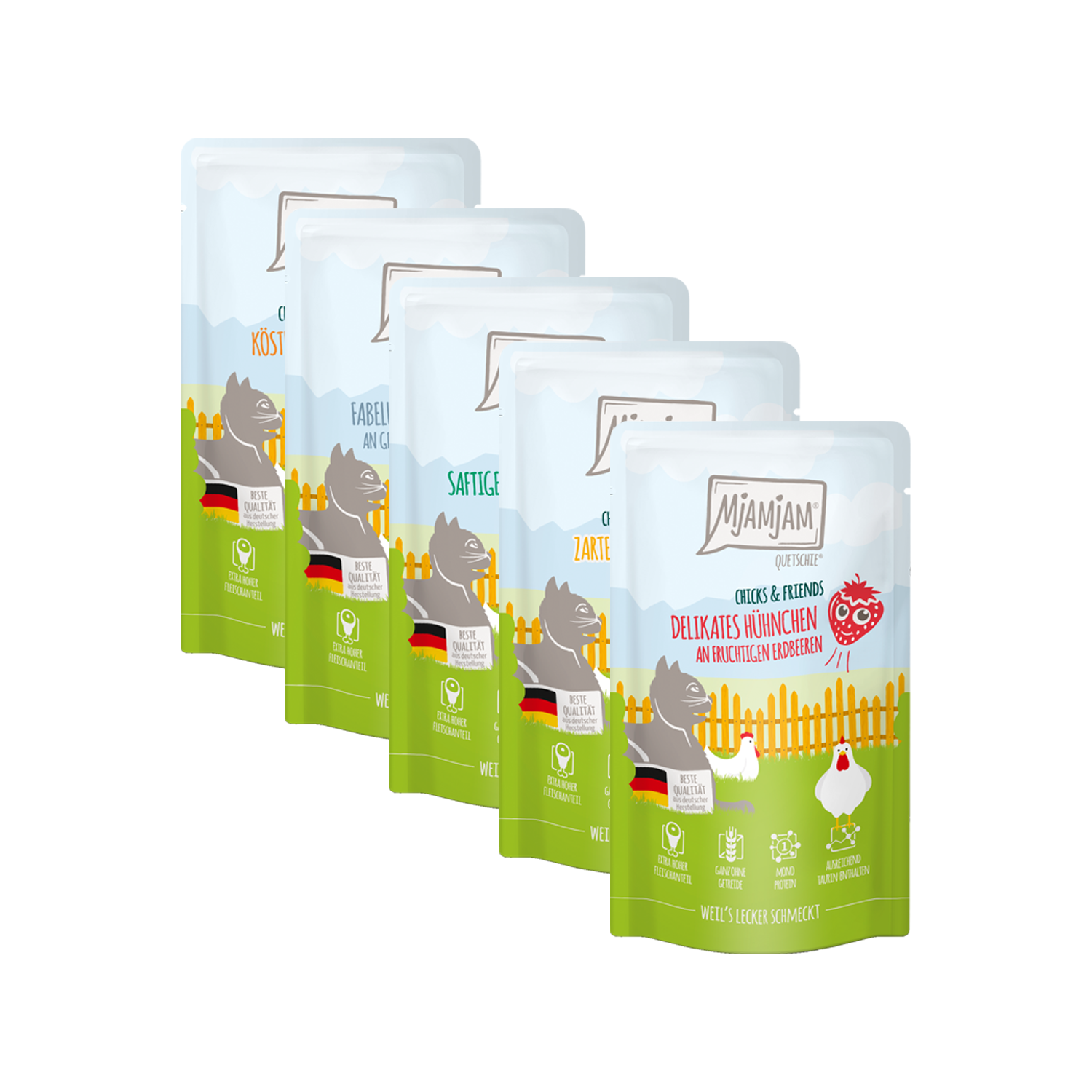 MjaMjaM Chicks & Friends - Quetschbeutel Adult Cat - Huhn mit Brokkoli - 125 g von MjAMjAM