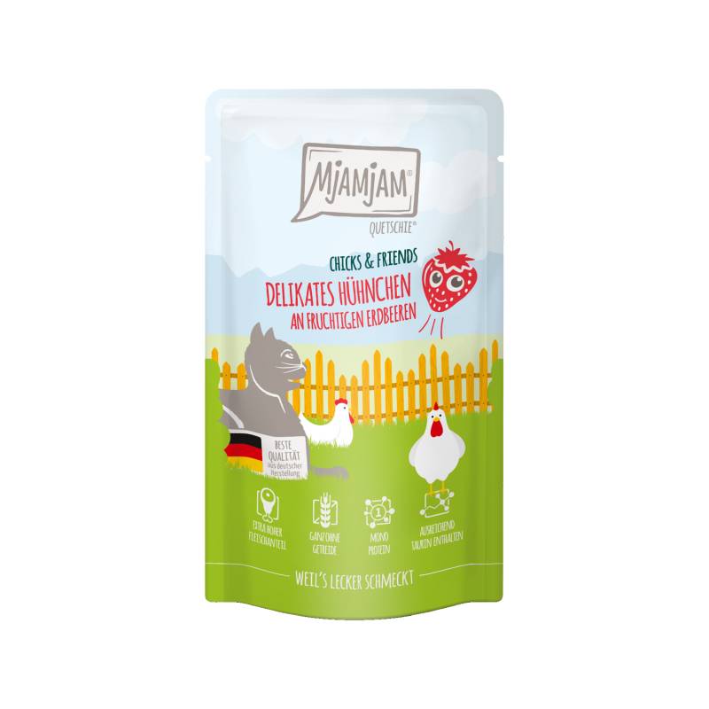 MjaMjaM Chicks & Friends - Quetschbeutel Adult Cat - Huhn mit Erdbeere - 3 x 125 g von MjAMjAM