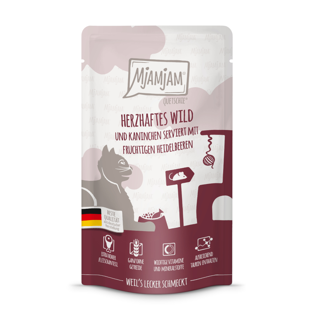 Sparpaket MjAMjAM Quetschie 24 x 125 g - herzhaftes Wild & Kaninchen mit fruchtigen Heidelbeeren von MjAMjAM