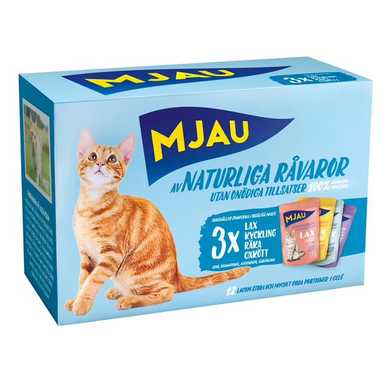 12 x 85 g / 48 x 85 g Mjau Cat Pouchs zum Sonderpreis! - 12 x 85 g Mixpaket Fisch & Fleisch Menü in Gelee (4 Sorten) von Mjau