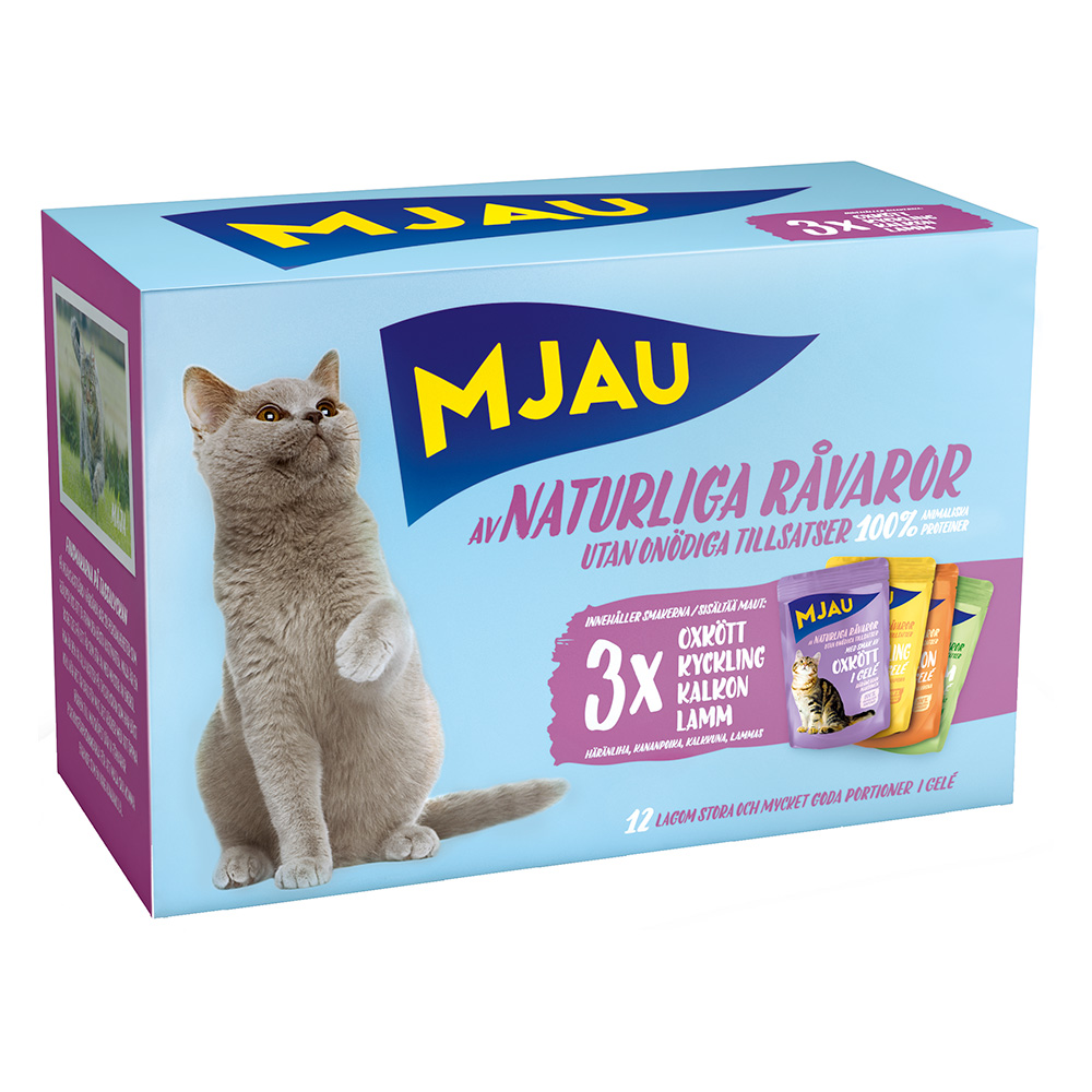 12 x 85 g / 48 x 85 g Mjau Cat Pouchs zum Sonderpreis! - 12 x 85 g Mixpaket Fleisch Menü in Gelee (4 Sorten) von Mjau
