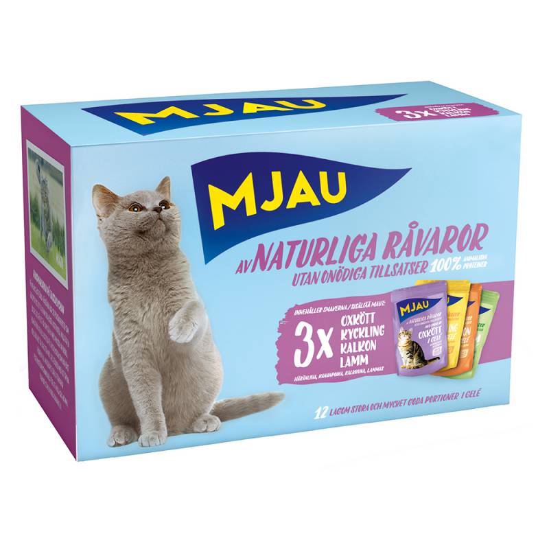12 x 85 g / 48 x 85 g Mjau Cat Pouchs zum Sonderpreis! - 12 x 85 g Mixpaket Fleisch Menü in Gelee (4 Sorten) von Mjau
