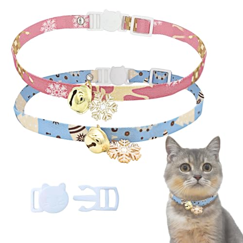 Mjumodan 2 Stück Weihnachts-Katzenhalsbänder mit Glocke, Breakaway Kätzchenhalsband für Mädchen, Jungen, Katzen, für Kätzchen, ausgewachsene Katzen, Weihnachtsbaum, Hirsch, Rosa, Blau von Mjumodan