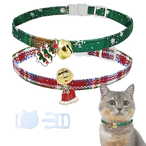 Mjumodan 2 Stück Weihnachts-Katzenhalsbänder mit Glocke, Breakaway Kätzchenhalsband für Mädchen, Jungen, Katzen, für Kätzchen, erwachsene Katzen, Weihnachten, klassisch, kariert, Rot / Grün von Mjumodan