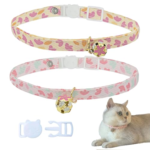 Mjumodan Katzenhalsband mit Glöckchen, Baumwolle, niedliches Herz-Design, ideal für Mädchen, Katzen, Jungen, Katzen, Rosa, Gelb, 2 Stück von Mjumodan