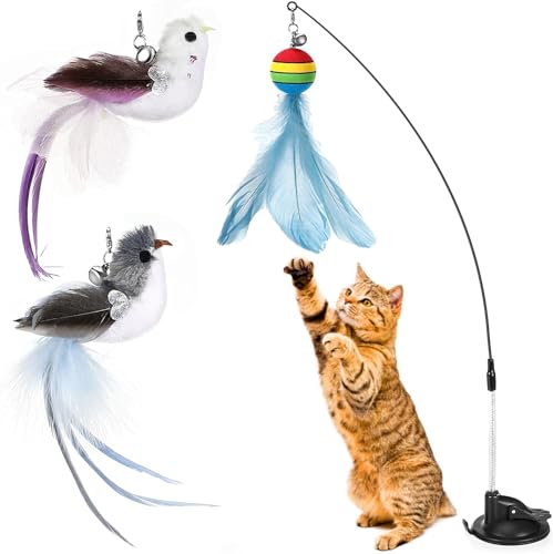 Mkitnvy Katzenspielzeug mit Federn, Interaktives Katzenspielzeug Abnehmbarem Saugnapf Katzenangel, Feder/Fischangelspielzeug für kleine große Katzen von Mkitnvy