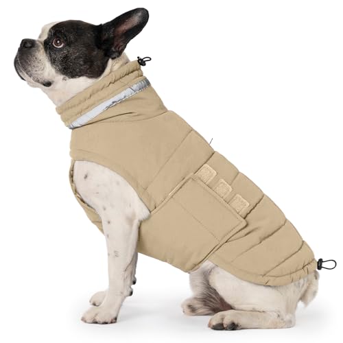 Mklhgty Hundemantel, wasserdichte Winterjacke, warme winddichte Jacke, reflektierender, verstellbarer Rollkragenmantel für kleine Hunde mit Klettverschluss - Khaki - S von Mklhgty