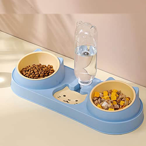 Triple Cat Food Bowls with Water Dispenser, Plastic Raised Cat Dishes, Automatic 3 in 1 Pet Bowls, 2 Food Bowls and Water Feeder Set, Wet and Dry Food Bowl Set for Cats Puppy Small Dogs (Sky Blue) von Mltao