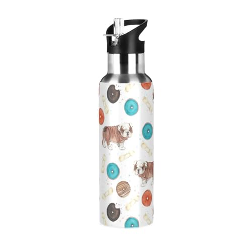 20 oz Wasserflasche mit Strohhalm, Welpe, Hund, Bulldogge, Edelstahl, Wasserflasche für Reisen, Sport, auslaufsicher, isolierte Wasserflasche von Mnsruu