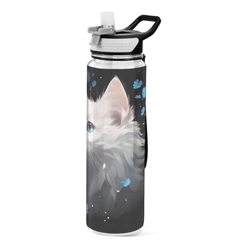 Cat Portait Flower Water Bottles Sports 1L, BPA Free Tritan Plastic Drinks Bottle with Straw von Mnsruu