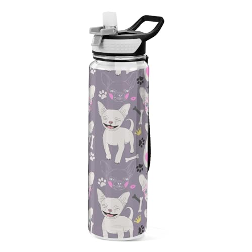 Happy Chihuahua Hund Sport Wasserflaschen mit Strohhalm Kappe, BPA Frei Tritan Kunststoff Trinkflasche mit Strohhalm von Mnsruu