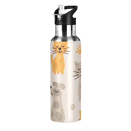 Niedliche Katze Haustier Hund Wasserflasche Trinkflasche mit Strohhalm Deckel Isolierte Edelstahl Thermosflasche für Jungen Mädchen Gym Sport Auslaufsicher 600ml von Mnsruu