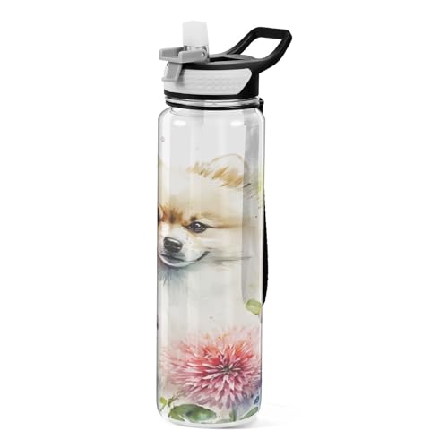 Pomeranian Dog Puppy Sports Water Bottles with Straw Cap, BPA Free Tritan Plastic Drinks Bottle with Straw von Mnsruu