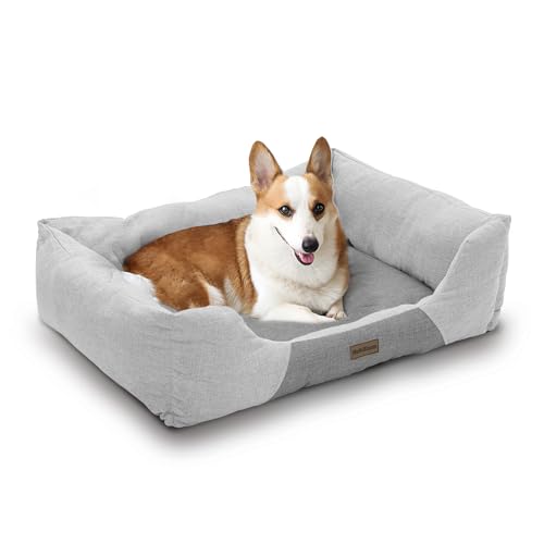 MoNiBloom Hundebetten für große Hunde, maschinenwaschbar, leinenähnlicher Stoff, warm, gemütlich, weiches Bett für Hunde und Katzen, 81,3 x 66 x 20,3 cm, Hellgrau von MoNiBloom