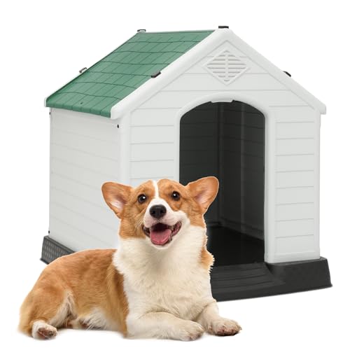 MoNiBloom Hundehaus für draußen, strapazierfähiges Hundehaus für den Innenbereich, Kunststoff, isoliert, wasserabweisend, Welpenunterstand für kleine mittelgroße Hunde, Waldgrün von MoNiBloom