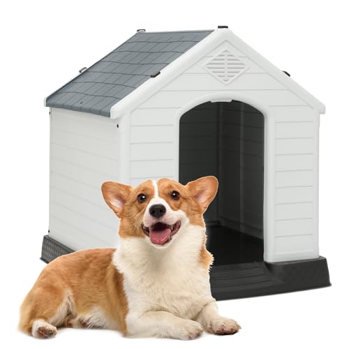 MoNiBloom Hundehütte für den Außenbereich, strapazierfähiges Hundehaus für den Innenbereich, Kunststoff, isoliert, wasserabweisend, Welpenunterstand für kleine und mittelgroße Hunde, Dunkelgrau von MoNiBloom