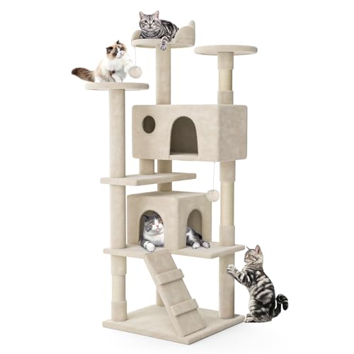 MoNiBloom Katzenbaum, 70 Zoll Katzenbaum Turm mit 2 Höhle, Hoher Katzenturm mit Kratzbaum, Katzenkletterturm, Katzenbaum für Indoor-Katzen, Beige von MoNiBloom