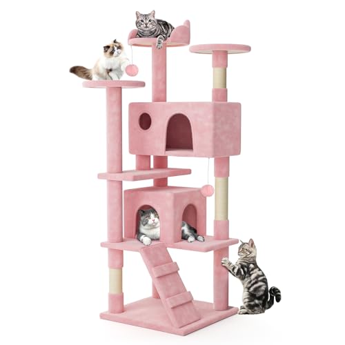 MoNiBloom Katzenbaum, 70 Zoll Katzenbaum Turm mit 2 Höhle, Hoher Katzenturm mit Kratzbaum, Katzenkletterturm, Katzenbaum für Indoor-Katzen, Weiches Rosa von MoNiBloom