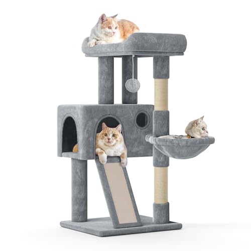 MoNiBloom Katzenbaum, 91.4 cm Katzenbaum Turm mit Katzenhütte, Kleiner Katzenturm mit Kratzbaum & Sisalüberzogenem Kratzbrett, Katzenkletterturm mit Hängematte, Katzenbaum für Indoor Katzen, Hellgrau MoNiBloom Katzenbaum, 91.4 cm Katzenbaum Turm mit Katzenhütte, Kleiner Katzenturm mit Kratzbaum & Sisalüberzogenem Kratzbrett, Katzenkletterturm mit Hängematte, Katzenbaum für Indoor Katzen, Hellgrau von MoNiBloom