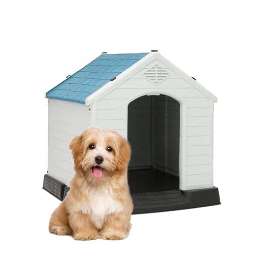 MoNiBloom Kunststoff-Hundehütte für kleine Hunde, isoliert, für den Außenbereich, 49,5 cm, wetter- und wasserabweisend, Haustierbox mit Belüftungsöffnungen und erhöhtem Boden von MoNiBloom