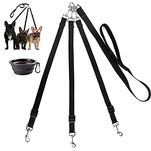 3-Wege-Hundeleine + EIN Faltbarer Reisefutter, Nylon, verstellbare Kupplung, kein Verknoten, abnehmbar, 3-in-1 Mehrfach-Hundeleine mit weich gepolstertem Griff (schwarz) von MoSANY