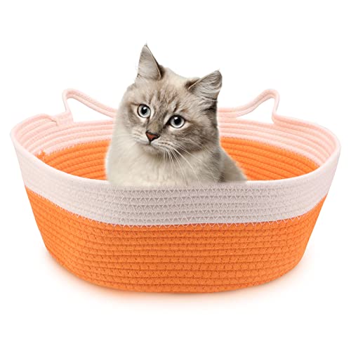 MoYouno Katzenbett, Baumwollseil, gewebtes Korbnest, Katzenhausbett, für kleine Hunde, Welpen, kleine gewebte Haustier-Spielzeugbox, faltbar, für Katzen, Hunde, kleine Haustiere, Indoor(orange) von MoYouno