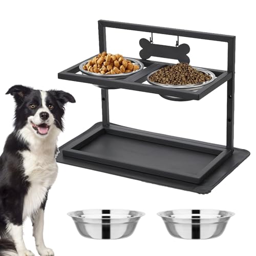 Hundenapf Erhöht, Futterstation Hund mit 2 Edelstahl Hundenäpfe Fressnapf Hund mit Auslaufsichere Matte 15° Neigung Hunde Napfset 3 Höhenverstellbar Schwarz 42x32x20.5cm von Mocoli