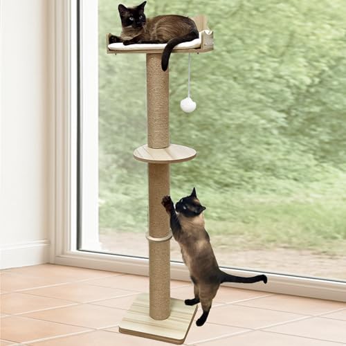 Katzenfensterstange mit Kratzbaum, 137,2 cm hoher Katzenbaum mit Saugnäpfen & flauschigem Kissen, verstellbares Katzenfensterbett zum Klettern, Vogelbeobachtung und Sonnenbaden, unterstützt 15,9 kg von Moe Rakuen