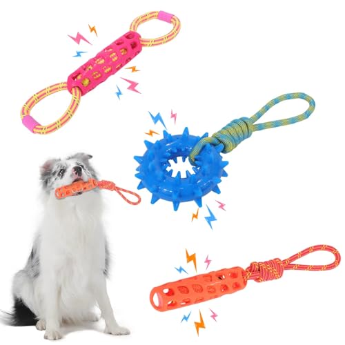 MoeSoce Hundespielzeug aus Baumwollseil, TPR, 3 Stück, Kauspielzeug für kleine, mittelgroße und große Hunde, unzerstörbares Kauspielzeug für interaktives Tauziehen und Zahnreinigung (Orange, Rot, von MoeSoce