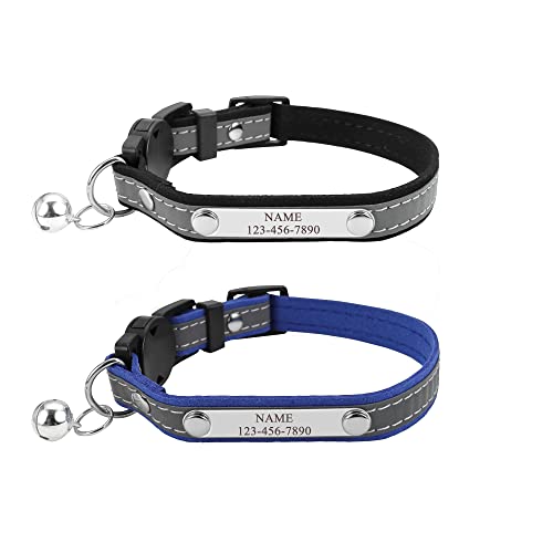 Mogokoyo 2er Pack Glöckchen Katzenhalsband mit Namen und Telefonnummer Personalisiert Reflektierend Katzenhalsband mit Sicherheitsverschluss Verstellbar Halsband für Katze (Stil 1- Schwarz&Blau) von Mogokoyo