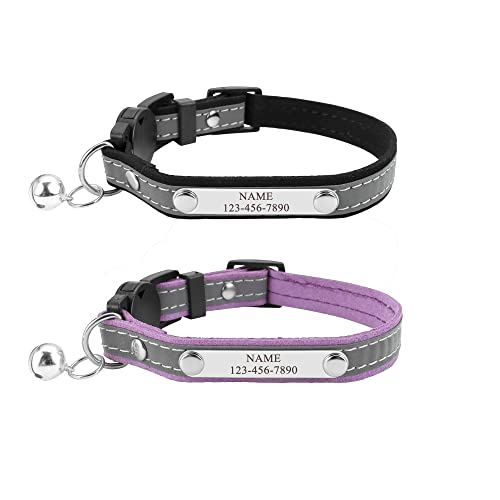 Mogokoyo 2er Pack Glöckchen Katzenhalsband mit Namen und Telefonnummer Personalisiert Reflektierend Katzenhalsband mit Sicherheitsverschluss Verstellbar Halsband für Katze (Stil 1- Schwarz&Lila) von Mogokoyo