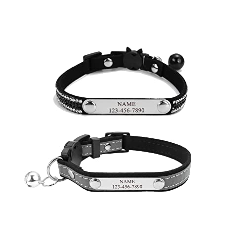 Mogokoyo 2er Pack Glöckchen Katzenhalsband mit Namen und Telefonnummer Personalisiert Reflektierend Katzenhalsband mit Sicherheitsverschluss Verstellbar Halsband für Katze Kitten (Schwarz) von Mogokoyo