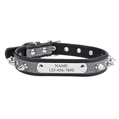 Mogokoyo Hundehalsband Leder Personalisiert Halsband Hund Katze mit Name Spitz Stachel Nieten Klassisch weiches PU-Leder Verstellbar Halsband für Katzen Hunde Welpen große Hunde Schwarz 28-36cm von Mogokoyo