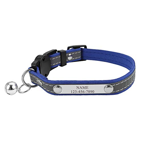 Mogokoyo Katzenhalsband mit Namen und Telefonnummer Personalisiert Reflektierend Katzenhalsband mit Sicherheitsverschluss Glöckchen Verstellbar Halsband für Katze Kitten (Blau) von Mogokoyo
